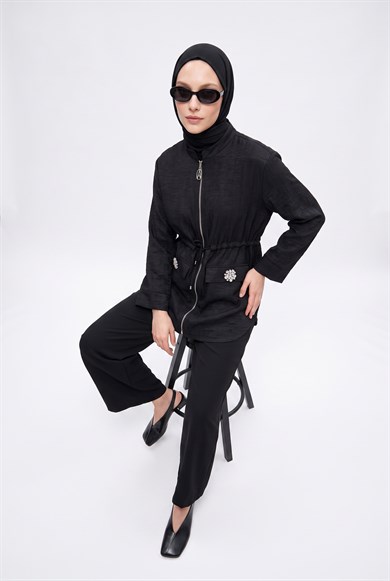Beli Büzgülü Süs Cep Detaylı Tunik Siyah 26YT424
