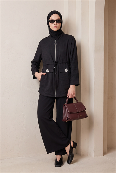 Beli Büzgülü Süs Cep Detaylı Tunik Siyah 26YT424