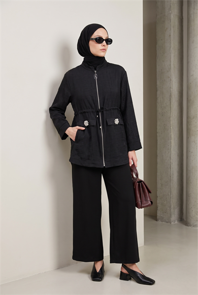 Beli Büzgülü Süs Cep Detaylı Tunik Siyah 26YT424
