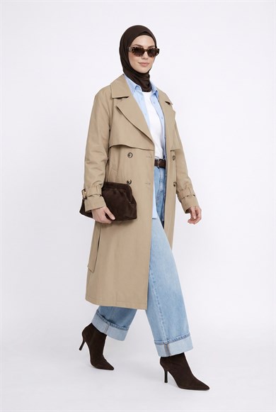 Beli Kemerli Allerli Trençkot Bej 26YT711