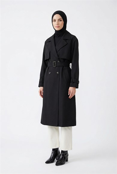 Beli Kemerli Allerli Trençkot Siyah 26YT711