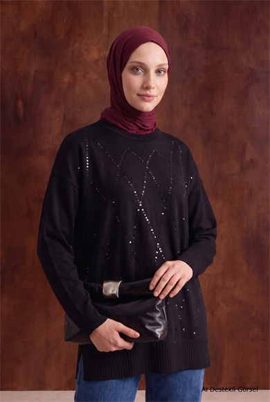 Bisiklet Yaka Payet İşlemeli Uzun Kollu Tunik 86 Cm Boy Siyah 26KTD413