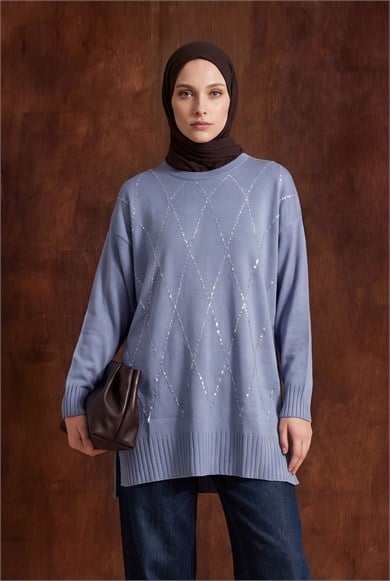 Bisiklet Yaka Payet İşlemeli Uzun Kollu Tunik 86 Cm Boy Gri Mavi 26KTD413
