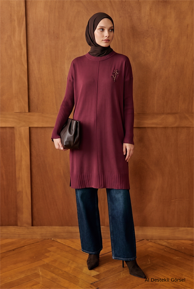 Bisiklet Yaka Taş Aksesuarlı Fitilli Kol Detaylı Tunik 103 Cm Boy Bordo 26KTD412