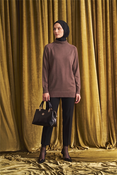 Bisiklet Yaka Uzun Kollu Sade Rahat Kesim Tunik Mocha 26KTD419