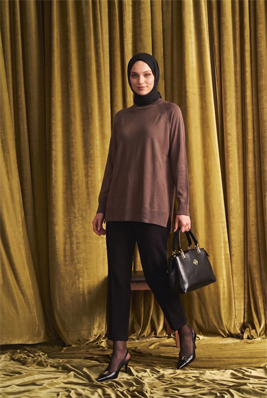 Bisiklet Yaka Uzun Kollu Sade Rahat Kesim Tunik Mocha 26KTD419