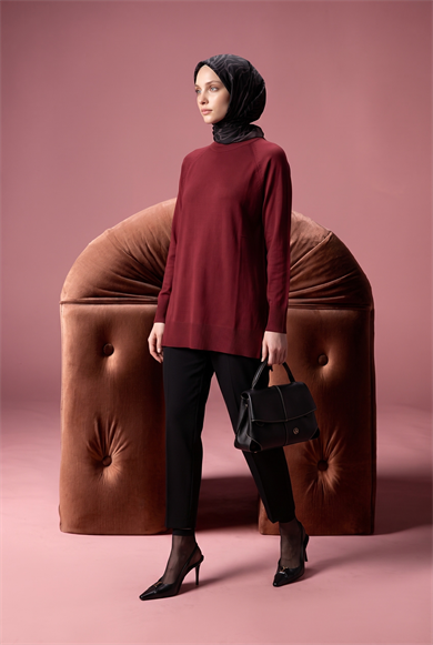 Bisiklet Yaka Uzun Kollu Sade Rahat Kesim Tunik Bordo 26KTD419