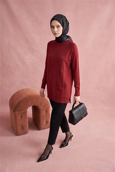 Bisiklet Yaka Uzun Kollu Sade Rahat Kesim Tunik Bordo 26KTD419