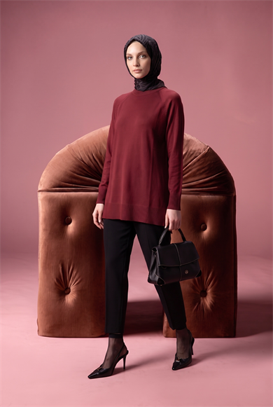 Bisiklet Yaka Uzun Kollu Sade Rahat Kesim Tunik Bordo 26KTD419