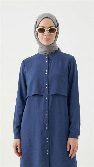Boydan Düğmeli Allerli Hakim Yaka Uzun Tunik İndigo 26YT435