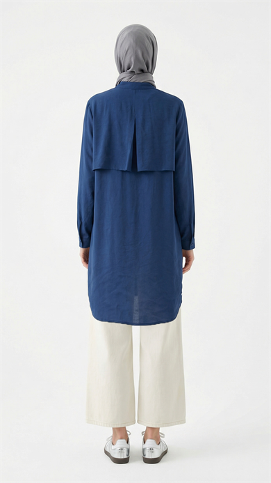 Boydan Düğmeli Allerli Hakim Yaka Uzun Tunik İndigo 26YT435