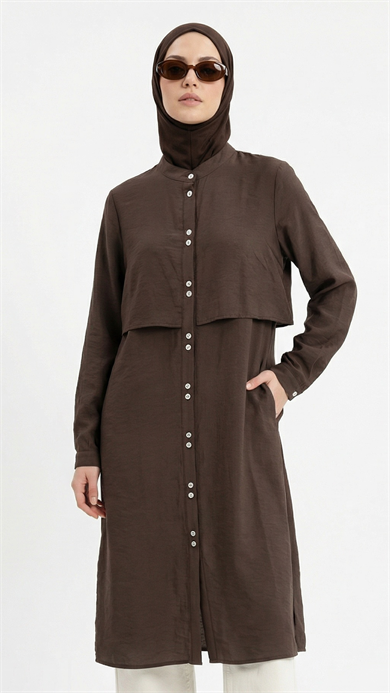 Boydan Düğmeli Allerli Hakim Yaka Uzun Tunik Kahverengi 26YT435