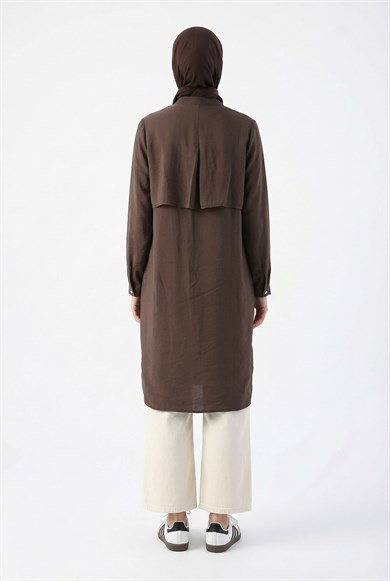 Boydan Düğmeli Allerli Hakim Yaka Uzun Tunik Kahverengi 26YT435