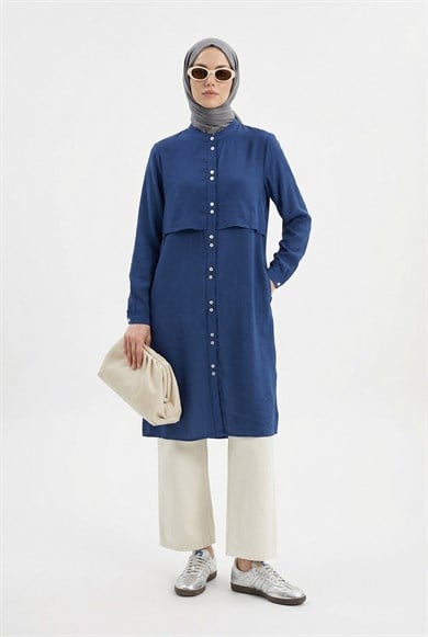 Boydan Düğmeli Allerli Hakim Yaka Uzun Tunik İndigo 26YT435