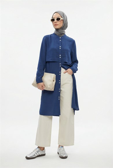 Boydan Düğmeli Allerli Hakim Yaka Uzun Tunik İndigo 26YT435