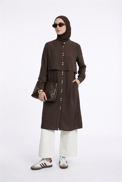 Boydan Düğmeli Allerli Hakim Yaka Uzun Tunik Kahverengi 26YT435