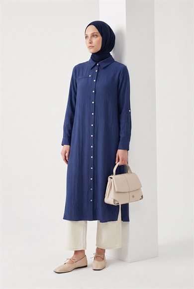 Doğal Kumaş Gömlek Yaka Tam Boy Düğmeli Cep Detaylı 125 cm Boy Tunik  Lacivert 26YT404