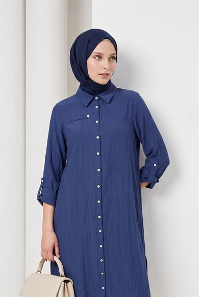 Doğal Kumaş Gömlek Yaka Tam Boy Düğmeli Cep Detaylı 125 cm Boy Tunik  Lacivert 26YT404