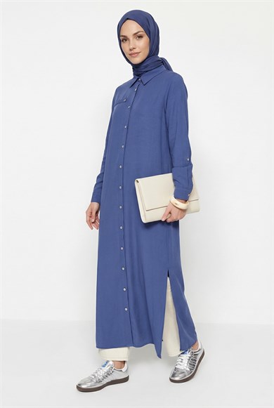 Boydan Düğmeli Cep Detaylı Gömlek Yaka Uzun Tunik İndigo 26YT404