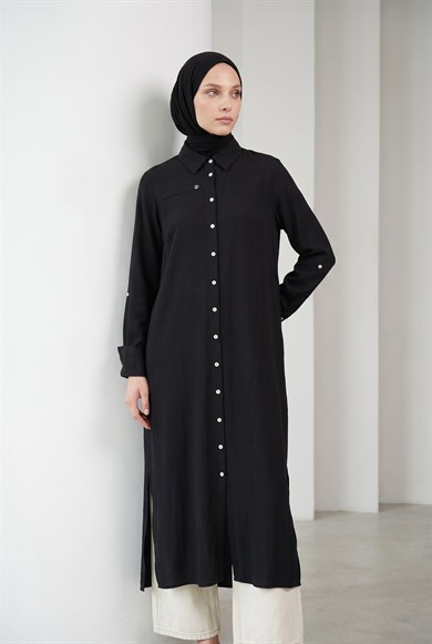 Doğal Kumaş Gömlek Yaka Tam Boy Düğmeli Cep Detaylı 125 cm Boy Tunik Siyah 26YT404 