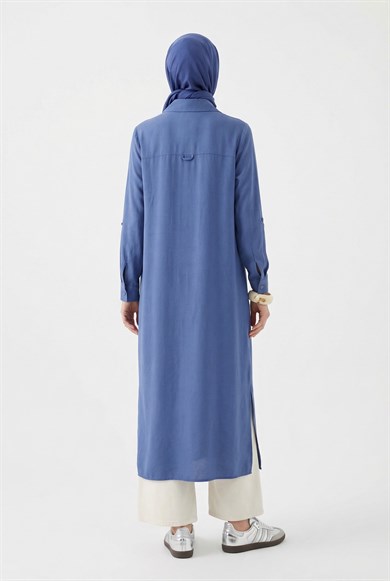 Boydan Düğmeli Cep Detaylı Gömlek Yaka Uzun Tunik İndigo 26YT404