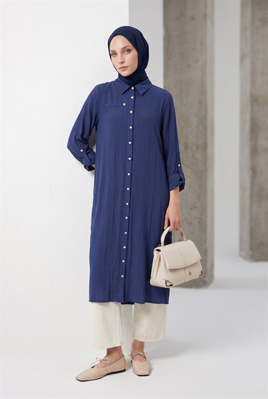 Doğal Kumaş Gömlek Yaka Tam Boy Düğmeli Cep Detaylı 125 cm Boy Tunik  Lacivert 26YT404