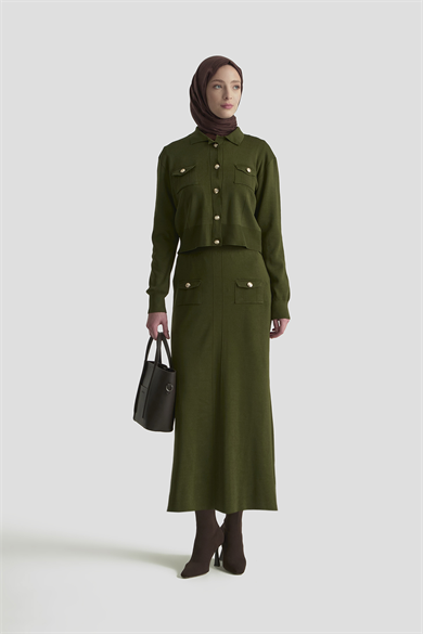 Boydan Düğmeli Cepli Etekli Triko İkili Takım Haki 25KT602