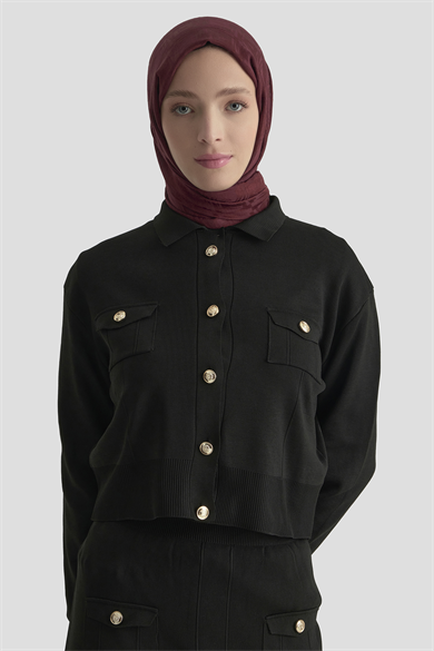 Boydan Düğmeli Cepli Etekli Triko İkili Takım Siyah 25KT602