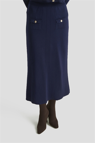 Boydan Düğmeli Cepli Etekli Triko İkili Takım Lacivert 25KT602