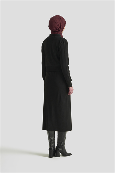 Boydan Düğmeli Cepli Etekli Triko İkili Takım Siyah 25KT602