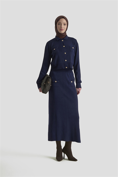 Boydan Düğmeli Cepli Etekli Triko İkili Takım Lacivert 25KT602