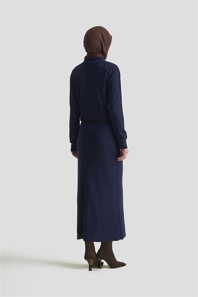 Boydan Düğmeli Cepli Etekli Triko İkili Takım Lacivert 25KT602