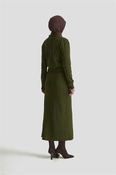 Boydan Düğmeli Cepli Etekli Triko İkili Takım Haki 25KT602