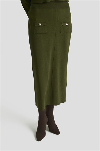 Boydan Düğmeli Cepli Etekli Triko İkili Takım Haki 25KT602