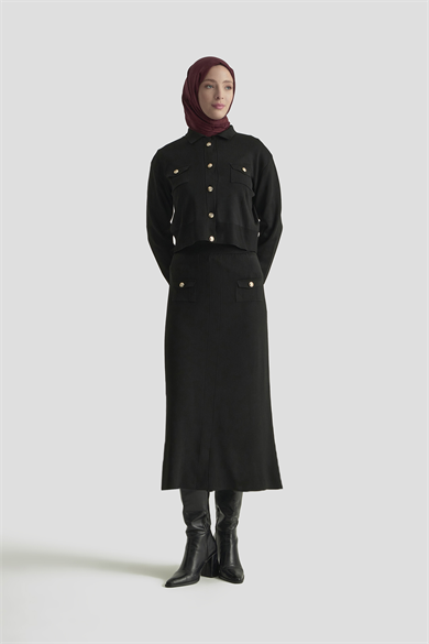 Boydan Düğmeli Cepli Etekli Triko İkili Takım Siyah 25KT602