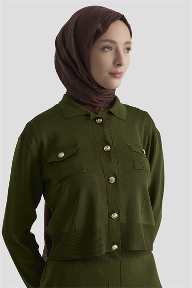 Boydan Düğmeli Cepli Etekli Triko İkili Takım Haki 25KT602