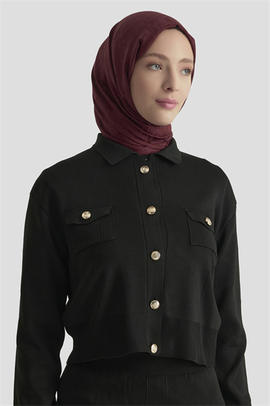 Boydan Düğmeli Cepli Etekli Triko İkili Takım Siyah 25KT602