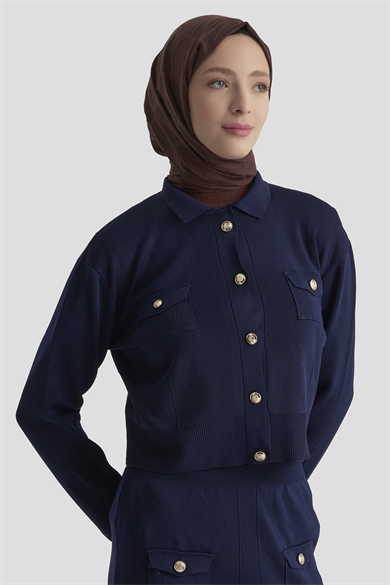 Boydan Düğmeli Cepli Etekli Triko İkili Takım Lacivert 25KT602