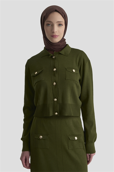 Boydan Düğmeli Cepli Etekli Triko İkili Takım Haki 25KT602