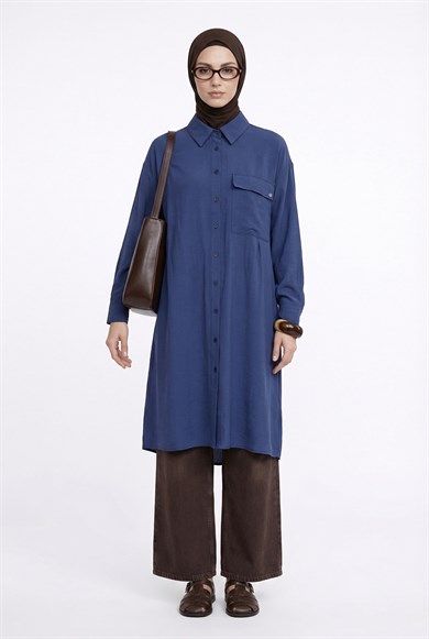 Boydan Düğmeli Cepli Gömlek Yaka Uzun Tunik Lacivert 26YTD452