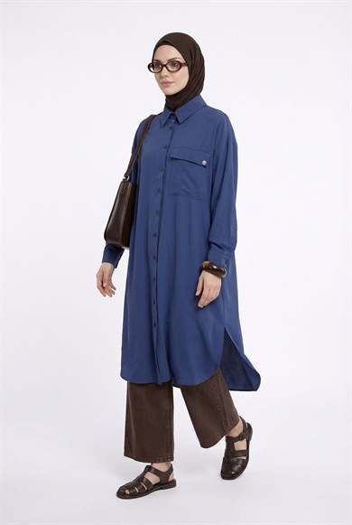 Boydan Düğmeli Cepli Gömlek Yaka Uzun Tunik Lacivert 26YTD452