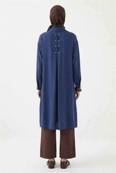 Boydan Düğmeli Cepli Gömlek Yaka Uzun Tunik Lacivert 26YTD452