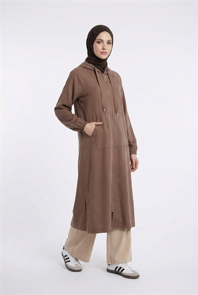 Boydan Fermuarlı Beli İpli Kapüşonlu Giy Çık Taba 26YT712