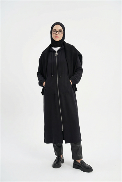 Boydan Fermuarlı Beli İpli Kapüşonlu Giy Çık Siyah 26YT712