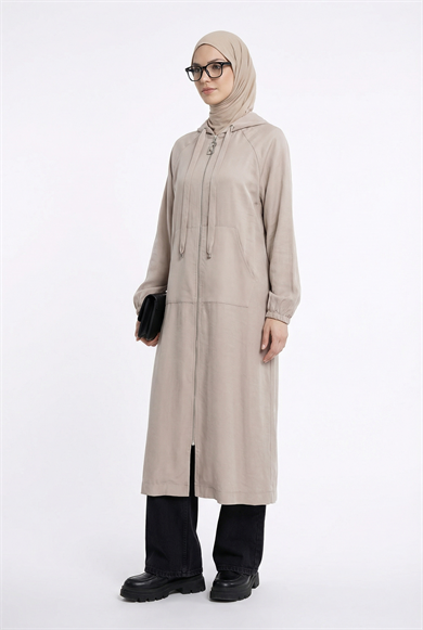 Boydan Fermuarlı Beli İpli Kapüşonlu Giy Çık Taş 26YT712