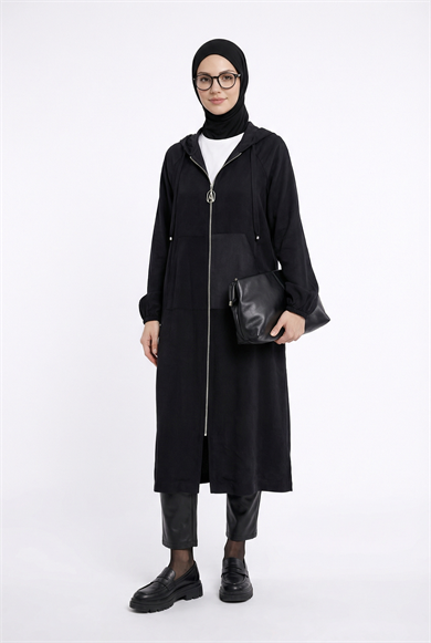 Boydan Fermuarlı Beli İpli Kapüşonlu Giy Çık Siyah 26YT712