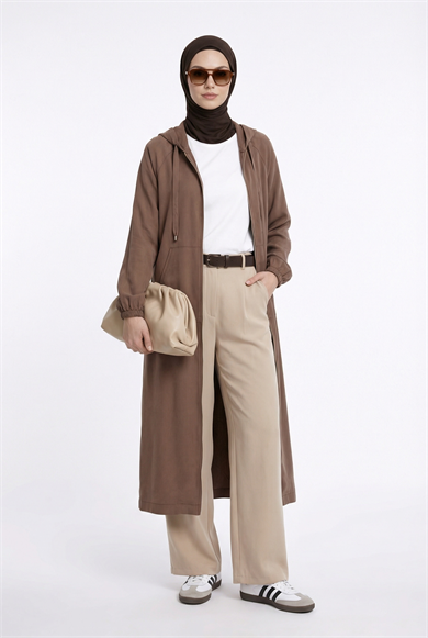 Boydan Fermuarlı Beli İpli Kapüşonlu Giy Çık Taba 26YT712