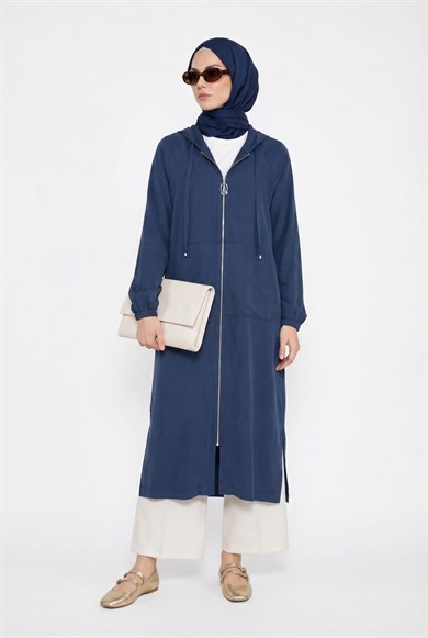 Boydan Fermuarlı Beli İpli Kapüşonlu Giy Çık İndigo 26YT712