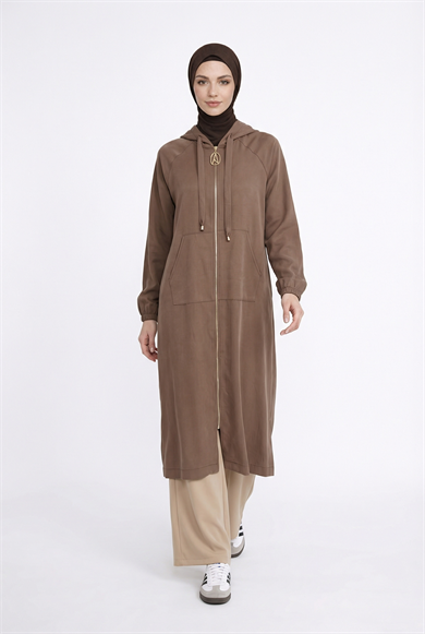 Boydan Fermuarlı Beli İpli Kapüşonlu Giy Çık Taba 26YT712