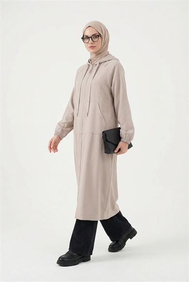 Boydan Fermuarlı Beli İpli Kapüşonlu Giy Çık Taş 26YT712